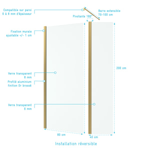 Paroi de Douche et Volet Pivotant 80+40x200 cm - Profilé + Barre de Fixation Or Doré Brossé