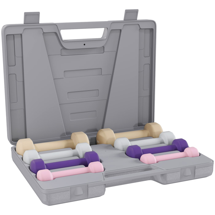 Juego de Mancuernas de 8 Piezas, Total 10 kg, 2x0,5 kg, 2x1 kg, 2x1,5 kg, 2x2 kg, Mancuernas Poligonales Antideslizantes y Estuche de Transporte para Ejercicio en Casa, Gimnasio, Multicolor
