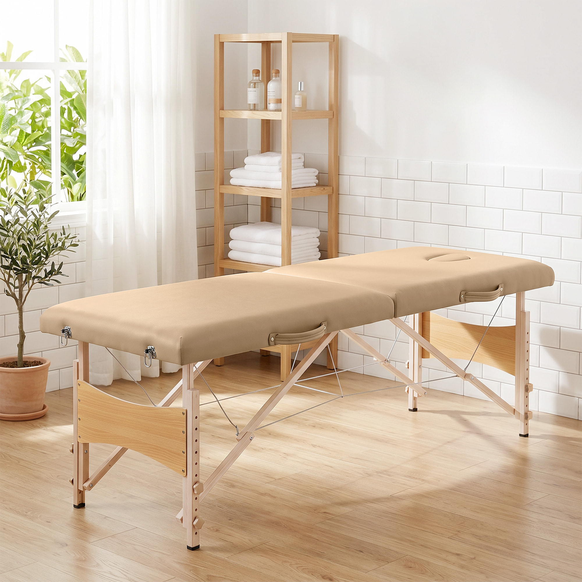 Camilla de Masaje Plegable Mesa de Masaje Portátil con Reposacabezas Marco de Madera Camilla Fisioterapia con Altura Regulable y Bolsa de Transporte 186x60x61-87 cm Marrón Claro