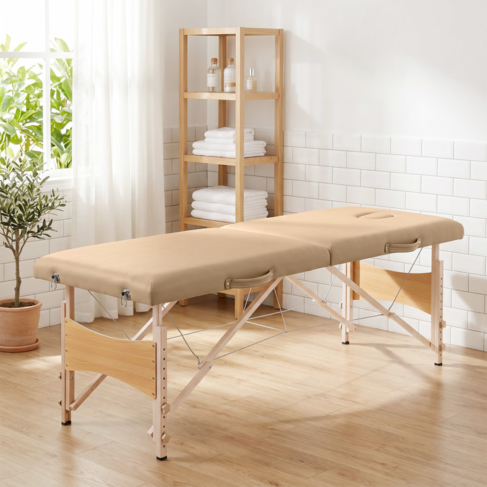 Camilla de Masaje Plegable Mesa de Masaje Portátil con Reposacabezas Marco de Madera Camilla Fisioterapia con Altura Regulable y Bolsa de Transporte 186x60x61-87 cm Marrón Claro