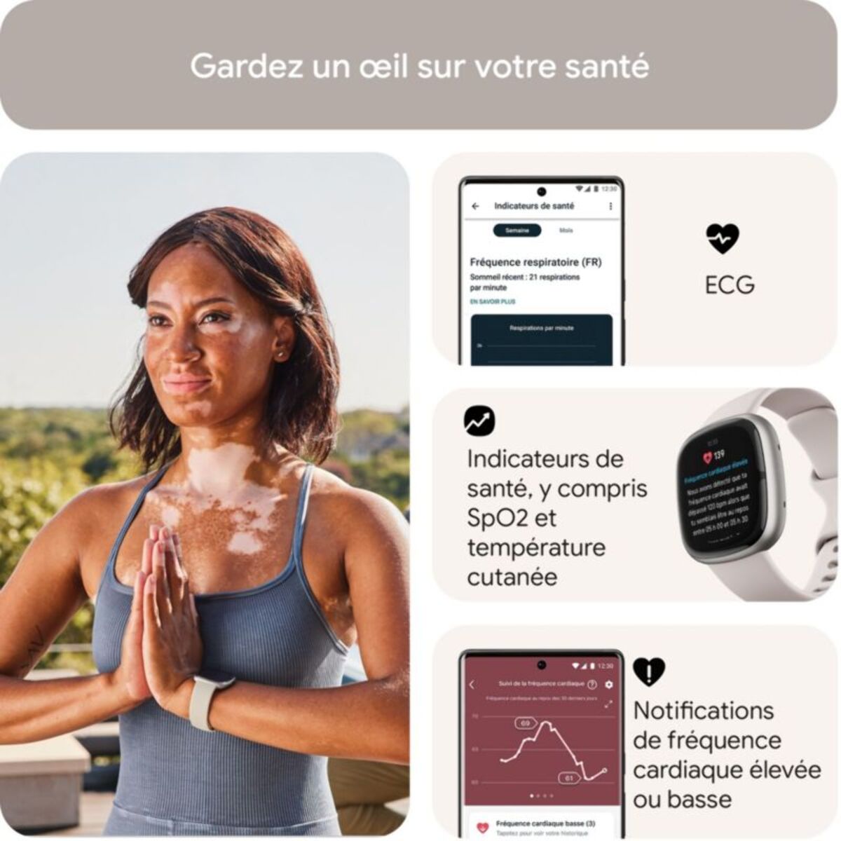 Montre santé FITBIT Sense 2 Aluminium Platine et Blanc