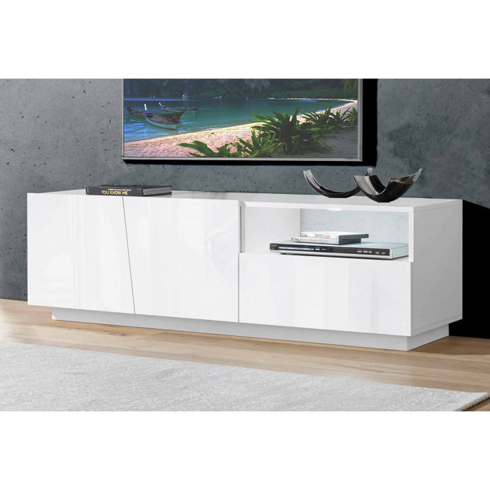 Mobile porta TV Aiace, Credenza bassa da soggiorno a 2 ante, Base porta televisione, 100% Made in Italy, cm 150x43h46, Bianco lucido