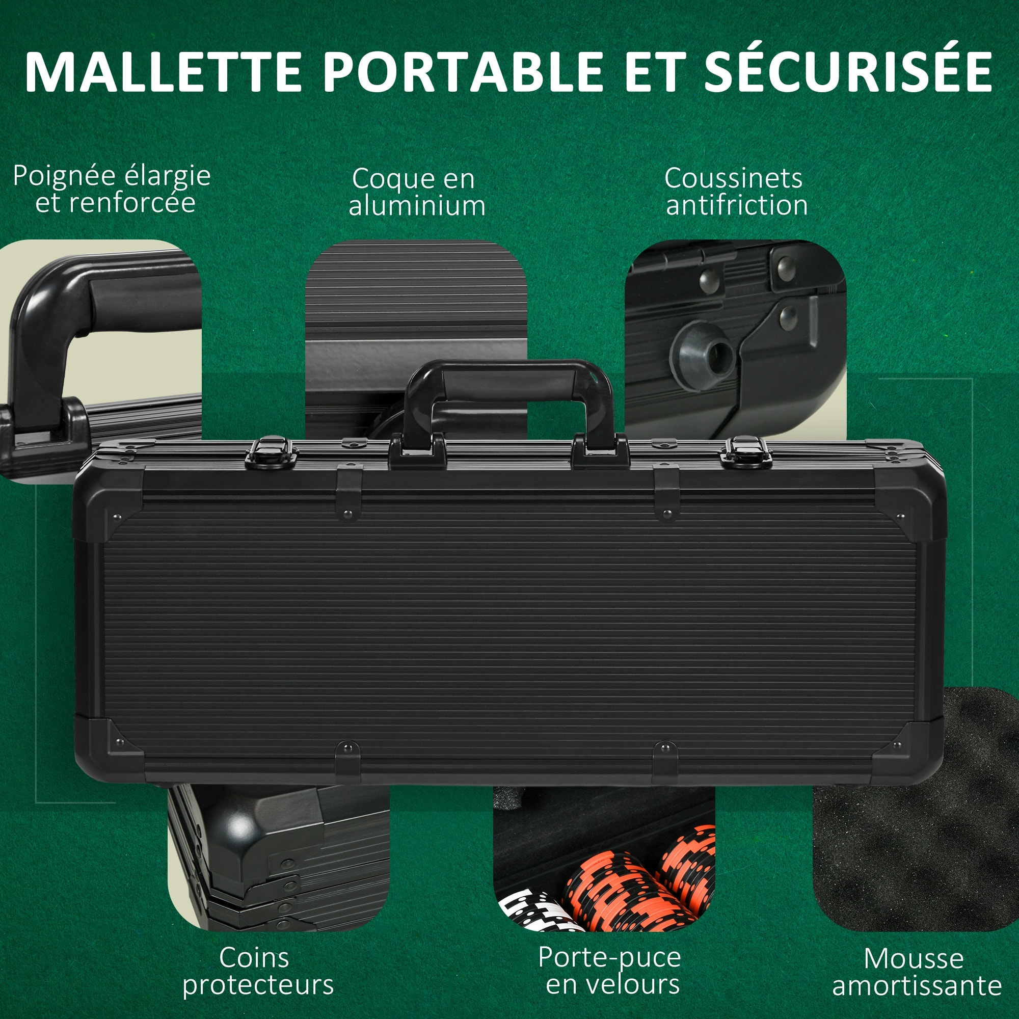 Mallette pro de poker coffret pro poker 500 jetons 2 jeux cartes 5 dés 3 boutons aluminium noir