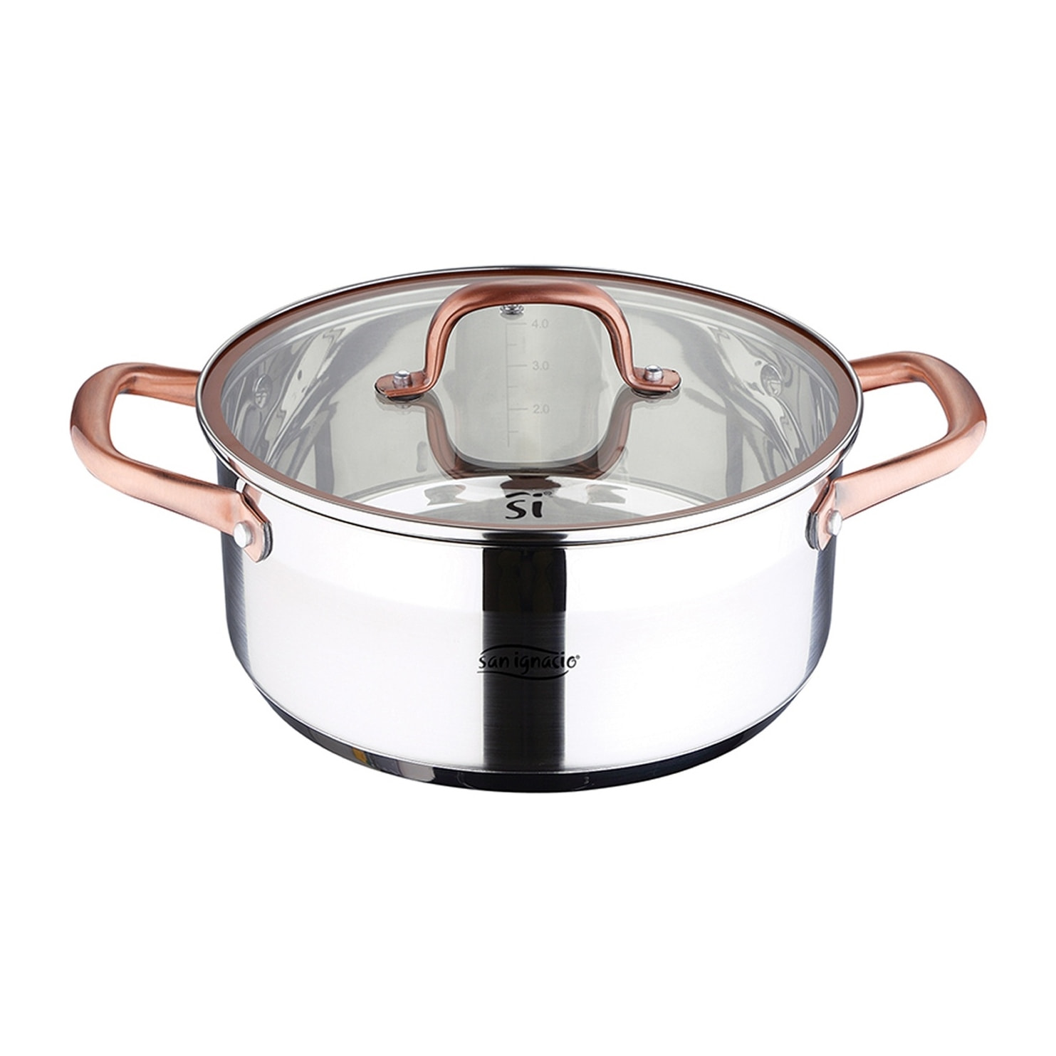 Cacerola de acero inox ind con tapa, plateado y cobre