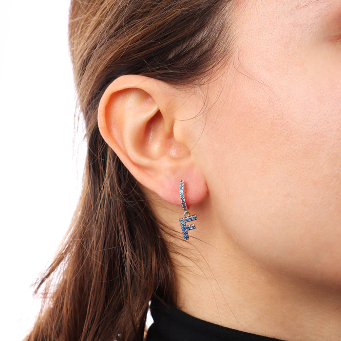 Orecchino Pendente con Lettera F in Pavé di Cubic Zirconia Blu