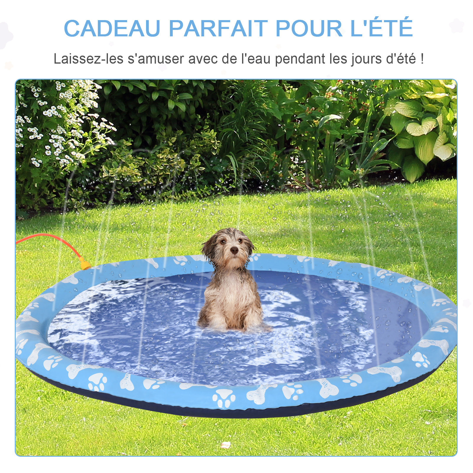 Piscine tapis à jet d'eau pour chien - Ø 1,5 m - pliable, facile à transporter - PVC bleu motifs os pattes