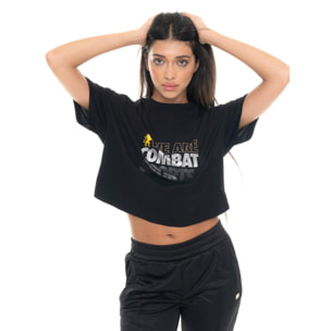 Camiseta corta de mujer Leone 1947 con tachuelas doradas, tejido elástico.