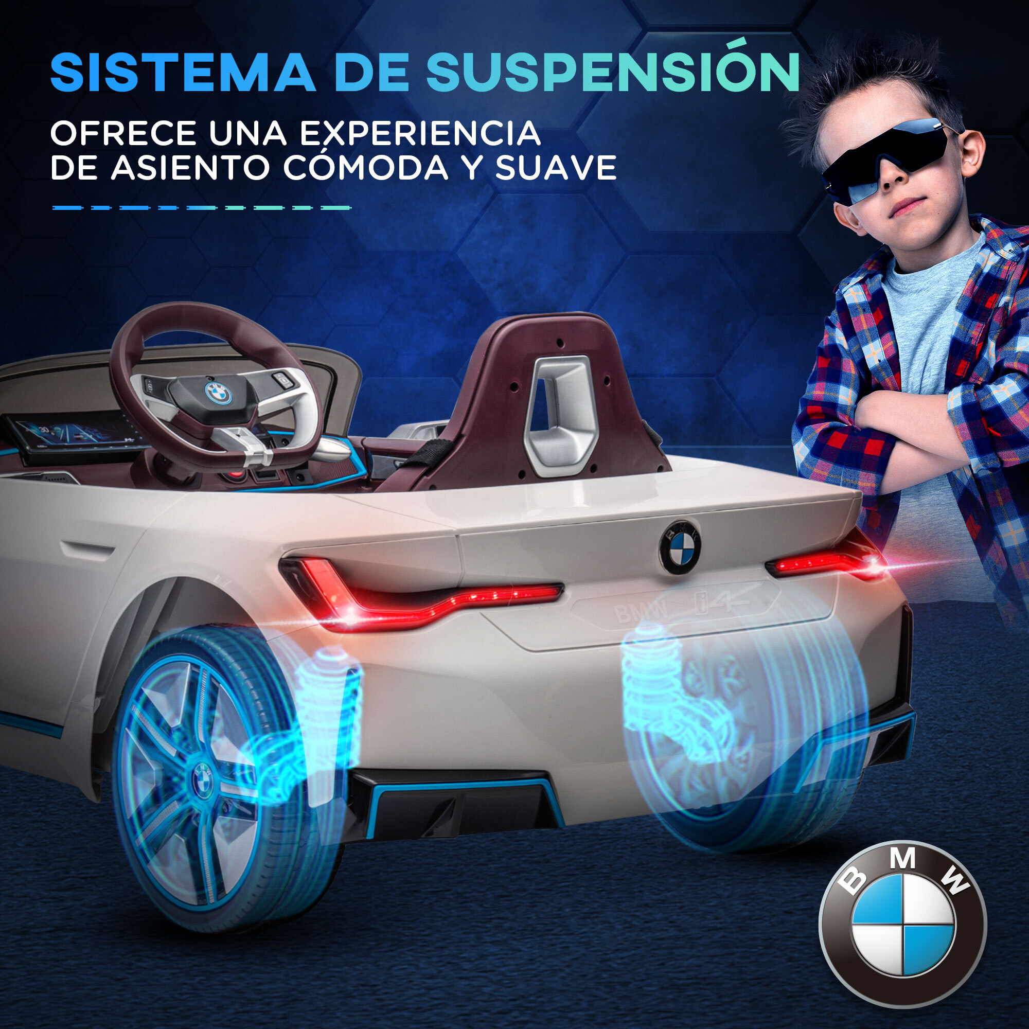 Coche Eléctrico para Niños 37-72 Meses Autorización BMW I4 Coche de Batería 12V con Control Remoto Música MP3 Pantalla Luces y Cinturón de Seguridad 115x67x45 cm Blanco