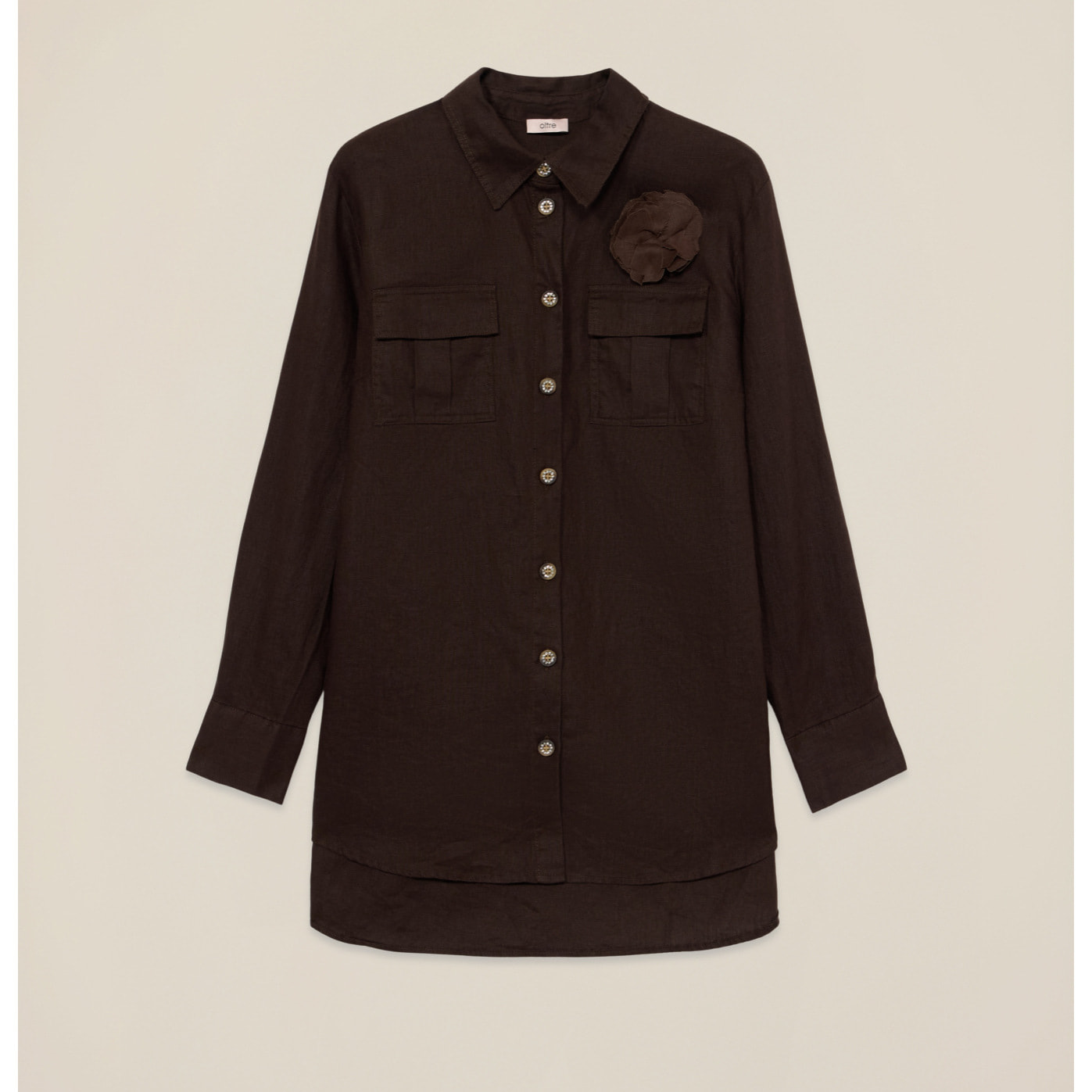 Oltre - Camicia in lino con spilla - Marrone