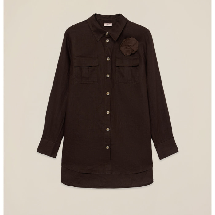 Oltre - Camicia in lino con spilla - Marrone