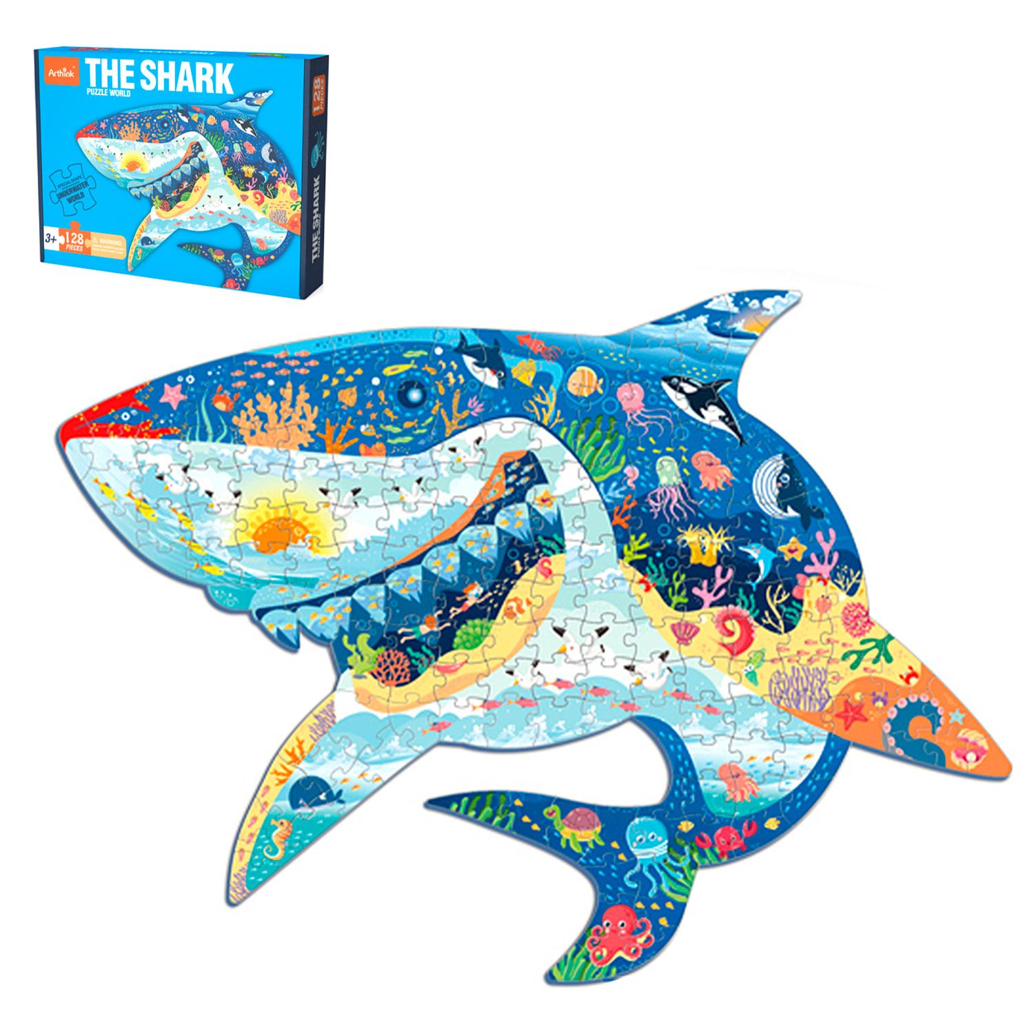 Puzzle di cartone con 128 pezzi. Design Squalo.