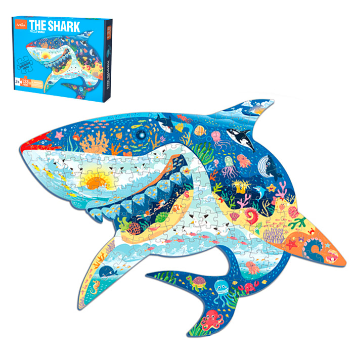 Puzzle di cartone con 128 pezzi. Design Squalo.