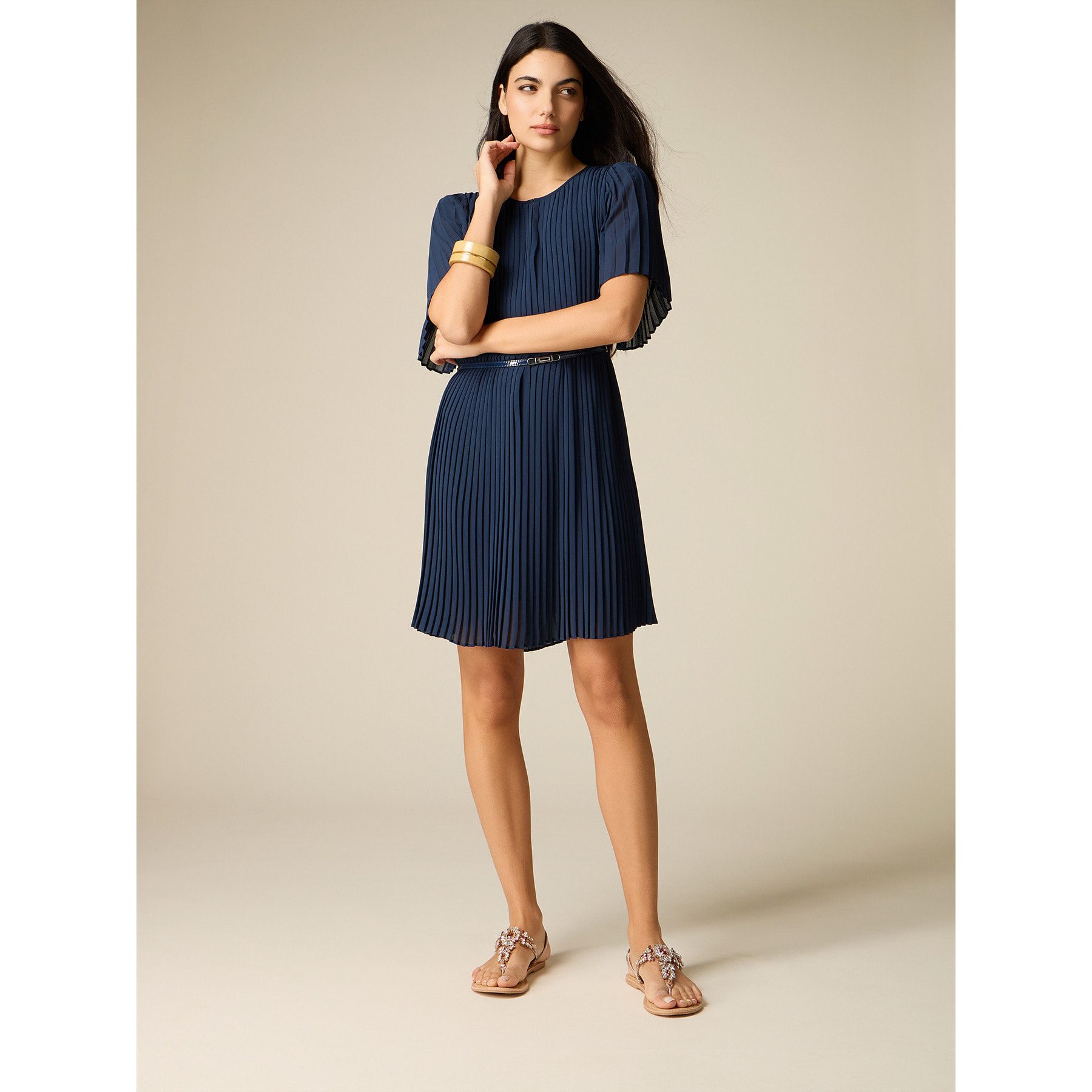 Oltre - Vestido corto en georgette plisado - Azul