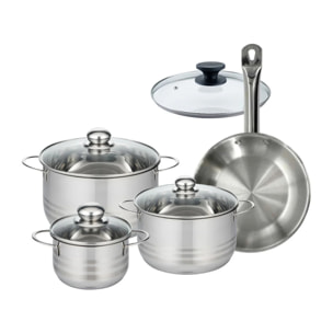Set 1 poêle 24 cm en inox et 1 couvercle verre, 3 faitouts inox 16, 20 et 24 cm Fackelmann Eterna