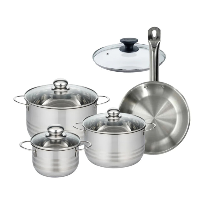 Set 1 poêle 24 cm en inox et 1 couvercle verre, 3 faitouts inox 16, 20 et 24 cm Fackelmann Eterna