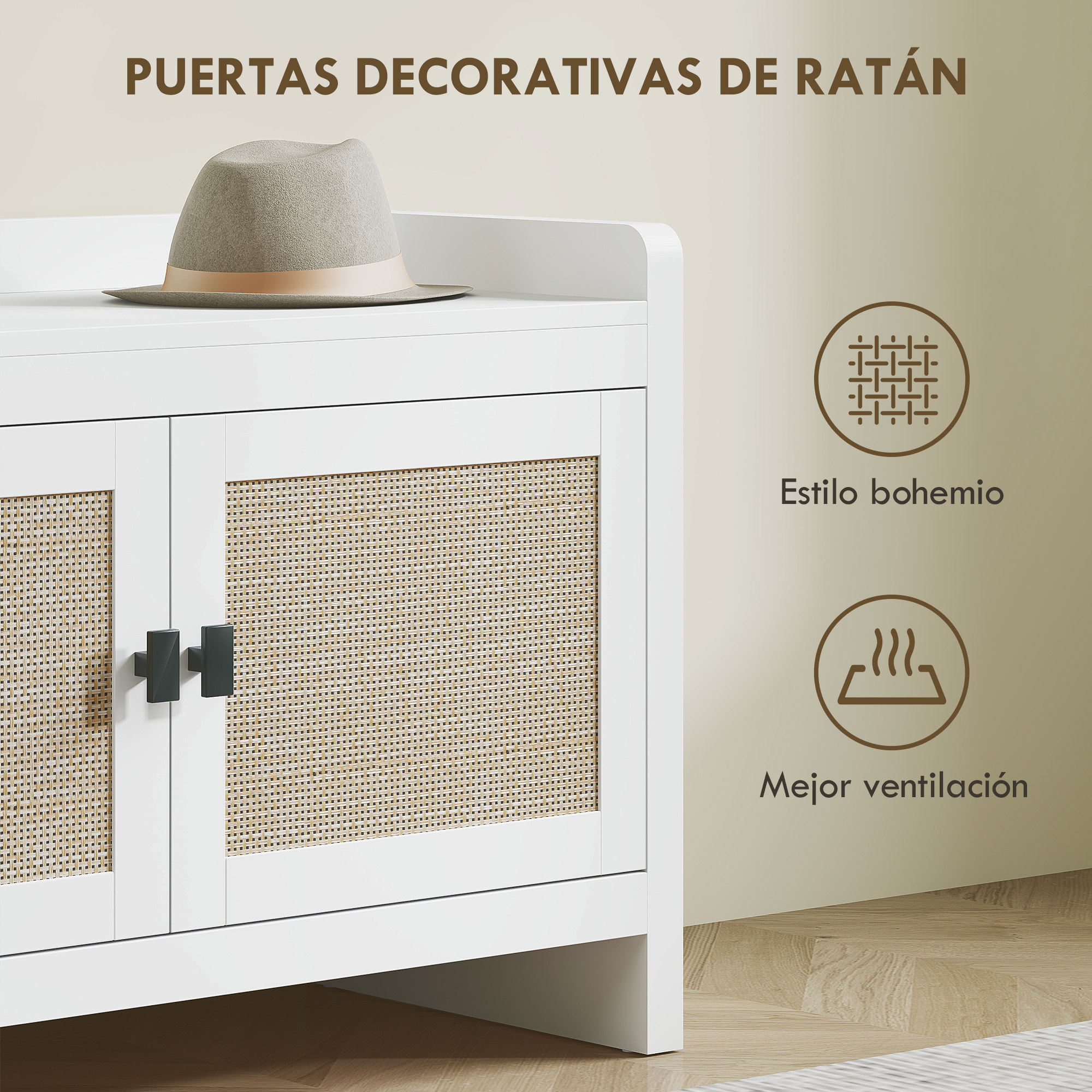 Banco Zapatero Mueble Zapatero Banco de Almacenamiento Bohemio con Puertas Frentes de Ratán Estante Extraíble para 8 Pares de Zapatos para Entrada Dormitorio 80x35x52 cm Blanco