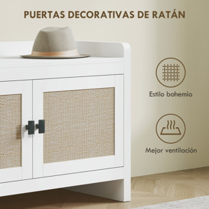 Banco Zapatero Mueble Zapatero Banco de Almacenamiento Bohemio con Puertas Frentes de Ratán Estante Extraíble para 8 Pares de Zapatos para Entrada Dormitorio 80x35x52 cm Blanco