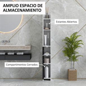 Columna de Baño Mueble de Baño con 3 Puertas 3 Estantes Abiertos y Sistema Antivuelco Armario de Baño Estilo Moderno 15x17x120 cm Blanco y Negro