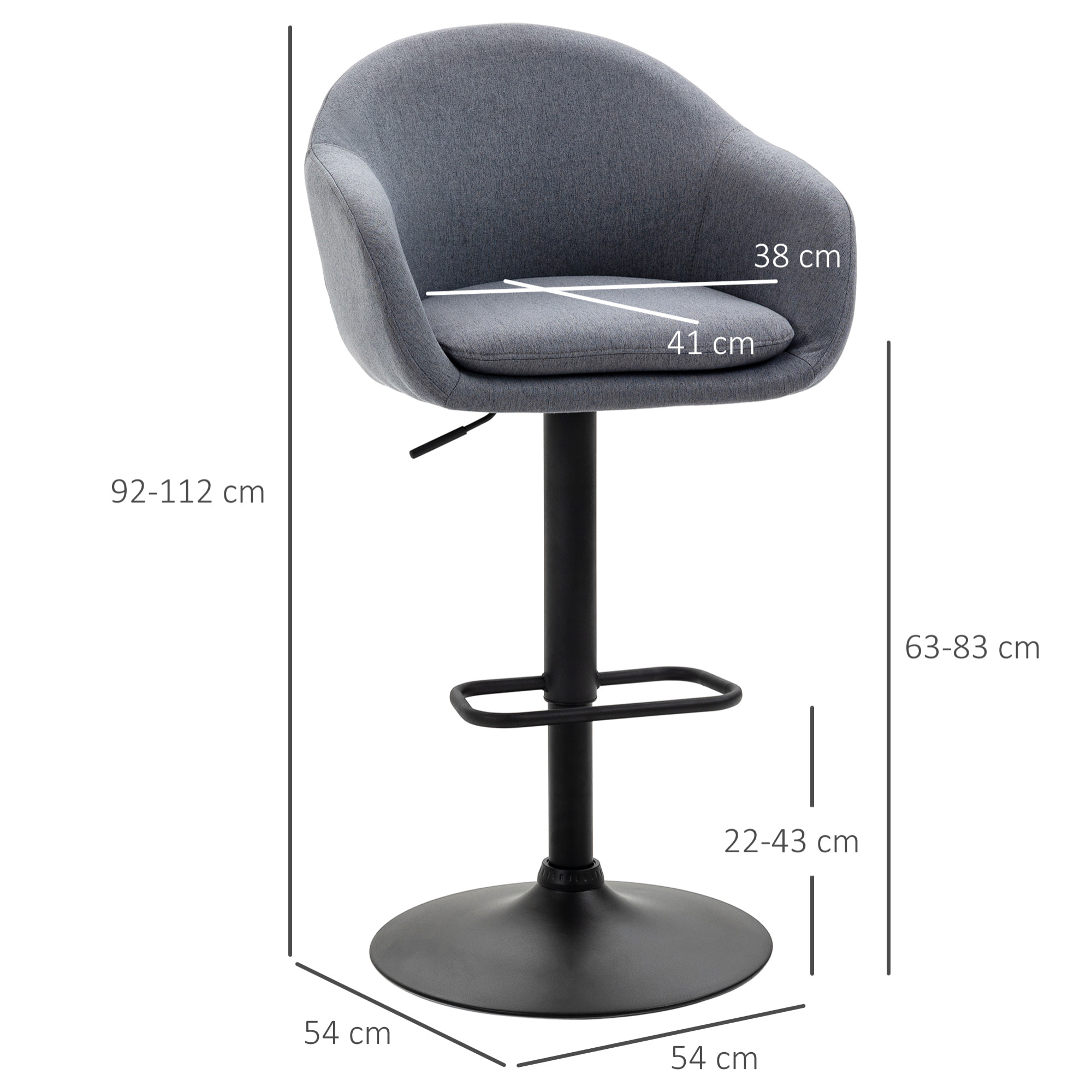 Taburete Alto de Cocina Regulable en Altura Taburete de Bar Tapizado de Tela con Reposapiés y Pata de Acero Carga 110 kg 54x54x92-112 cm Gris Oscuro