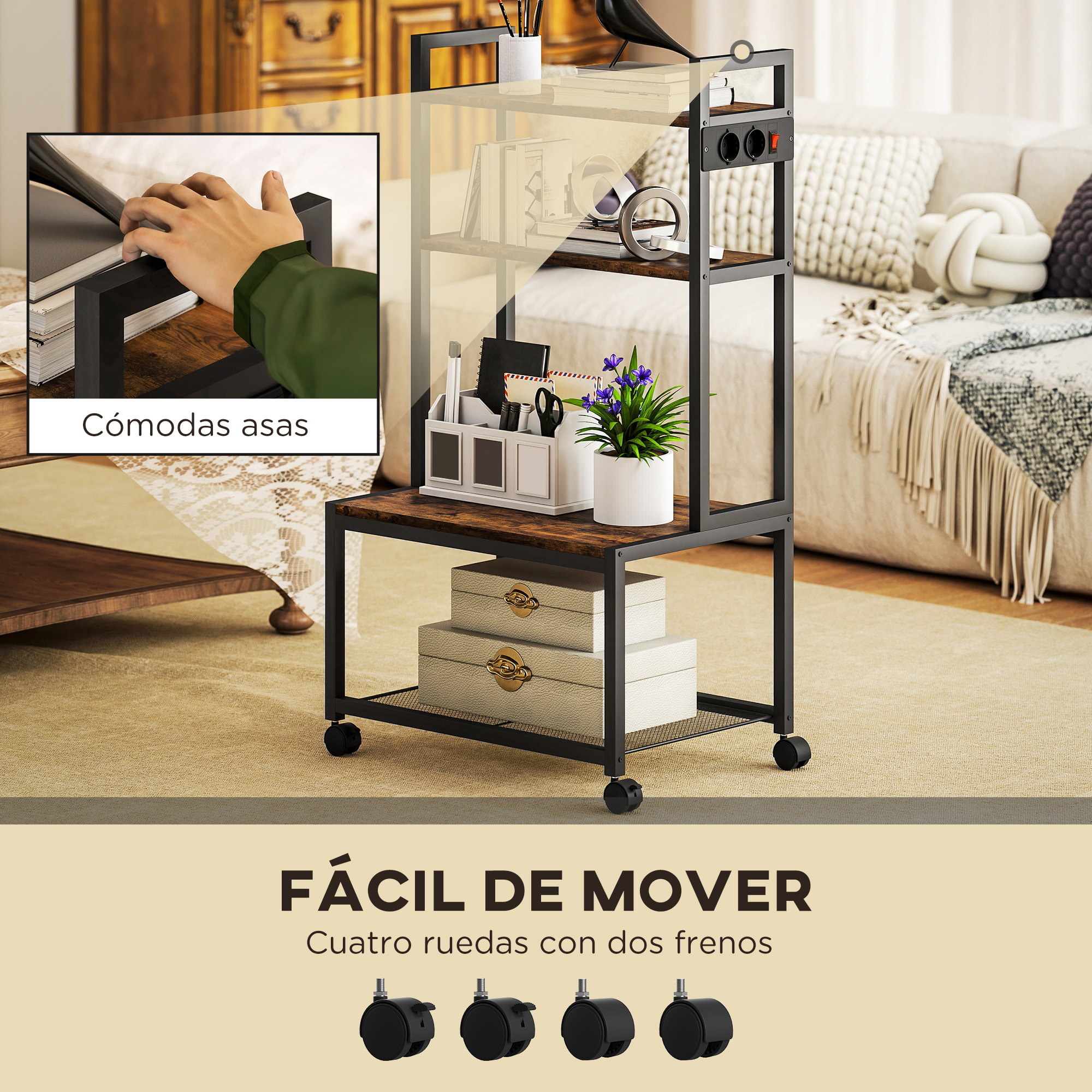 Soporte para Impresora con Estación de Carga Mueble para Impresora de 4 Niveles con Ruedas y Marco Metálico para Oficina Casa Escuela Marrón Rústico