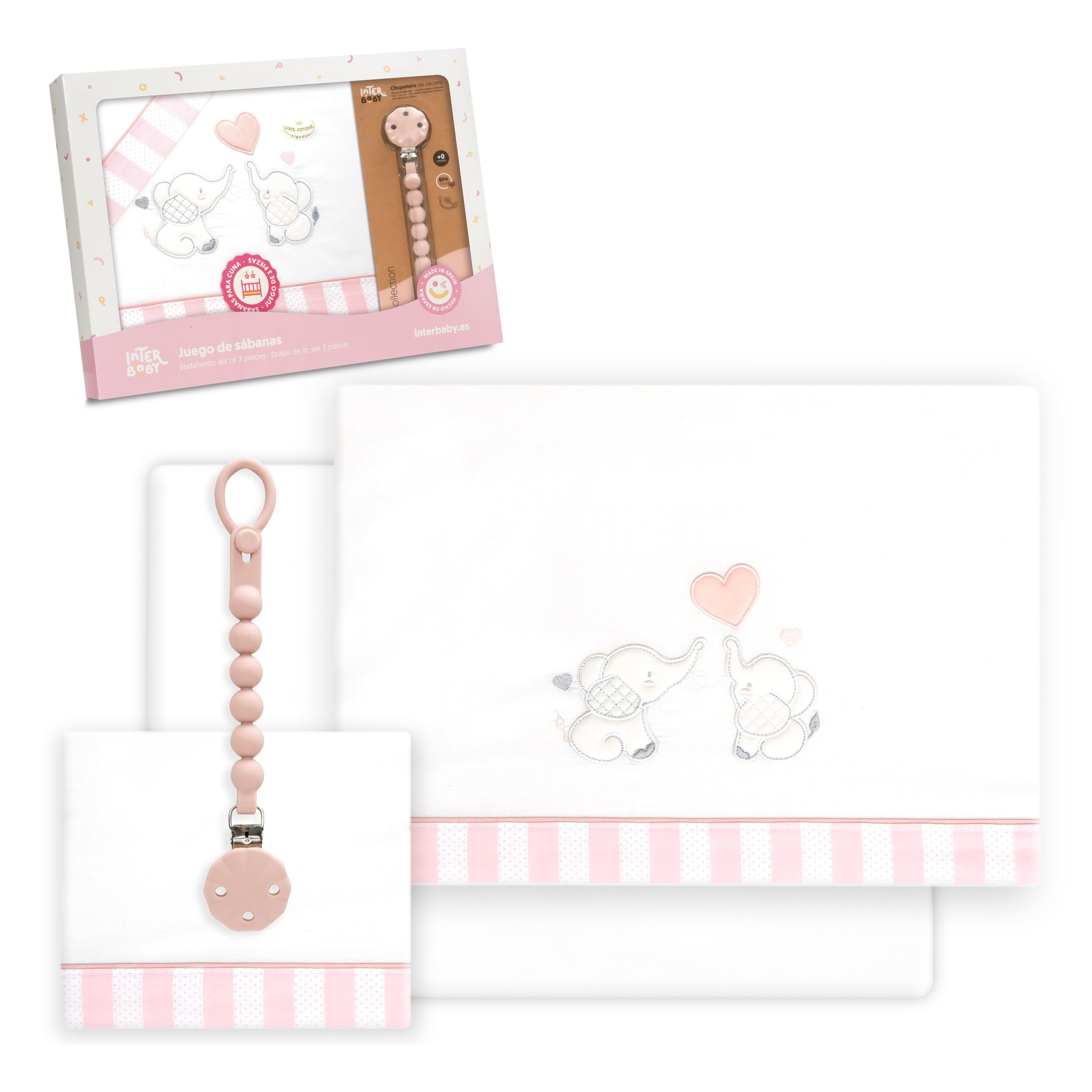 Triptico Cuna Parejita Elefante + Broche Bco/Rosa