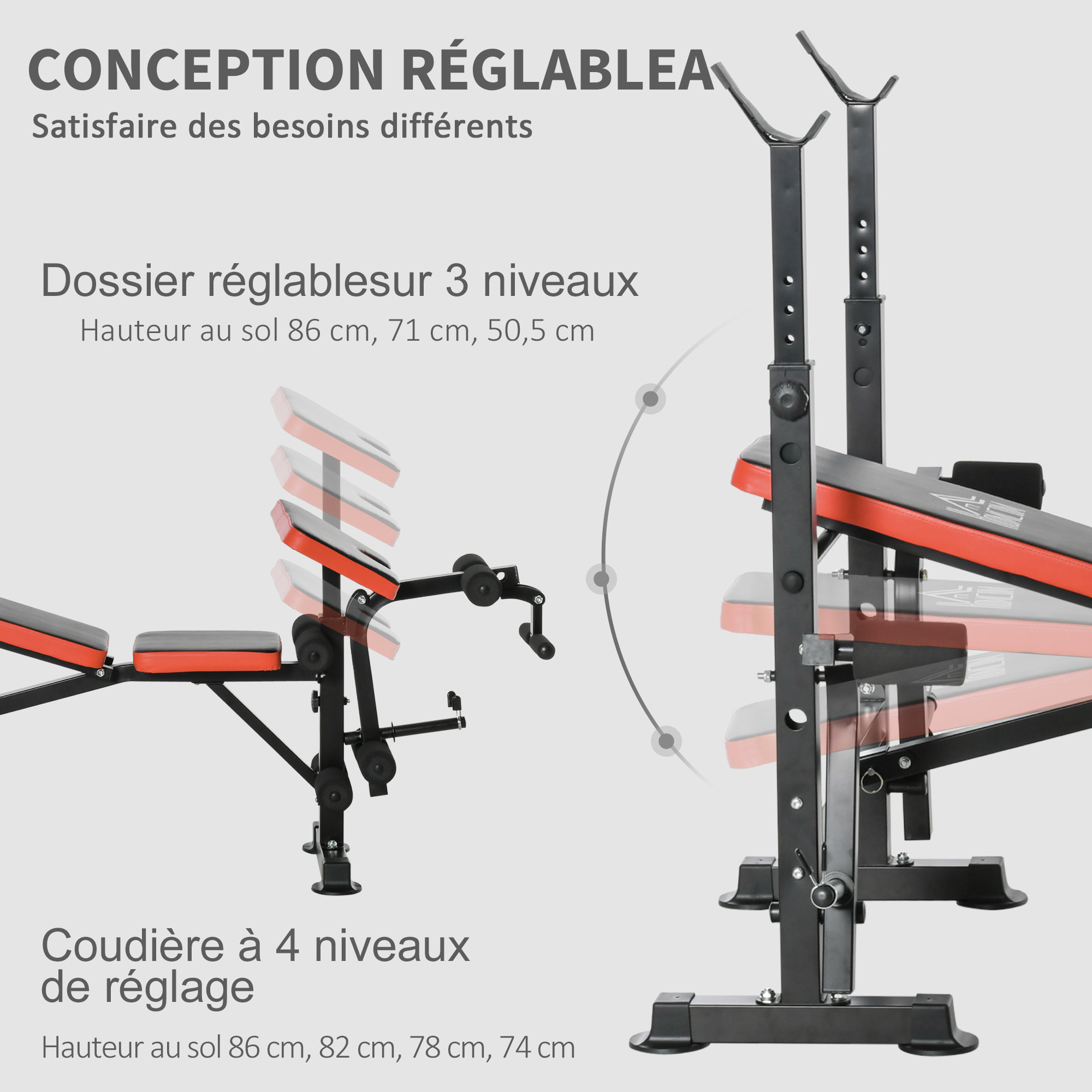 Banc de musculation Fitness entrainement complet avec support d'haltères dossier réglable acier noir rouge