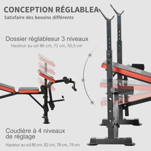 Banc de musculation Fitness entrainement complet avec support d'haltères dossier réglable acier noir rouge