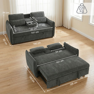 Sofá Cama 2 Plazas 3 en 1, Sofá Cama de Chenilla con Mesa Auxiliar, Portavasos, Respaldo Ajustable, Bolsillos Laterales, 2 Almohadas para Sala de Estar, Espacios Pequeños, Gris Oscuro