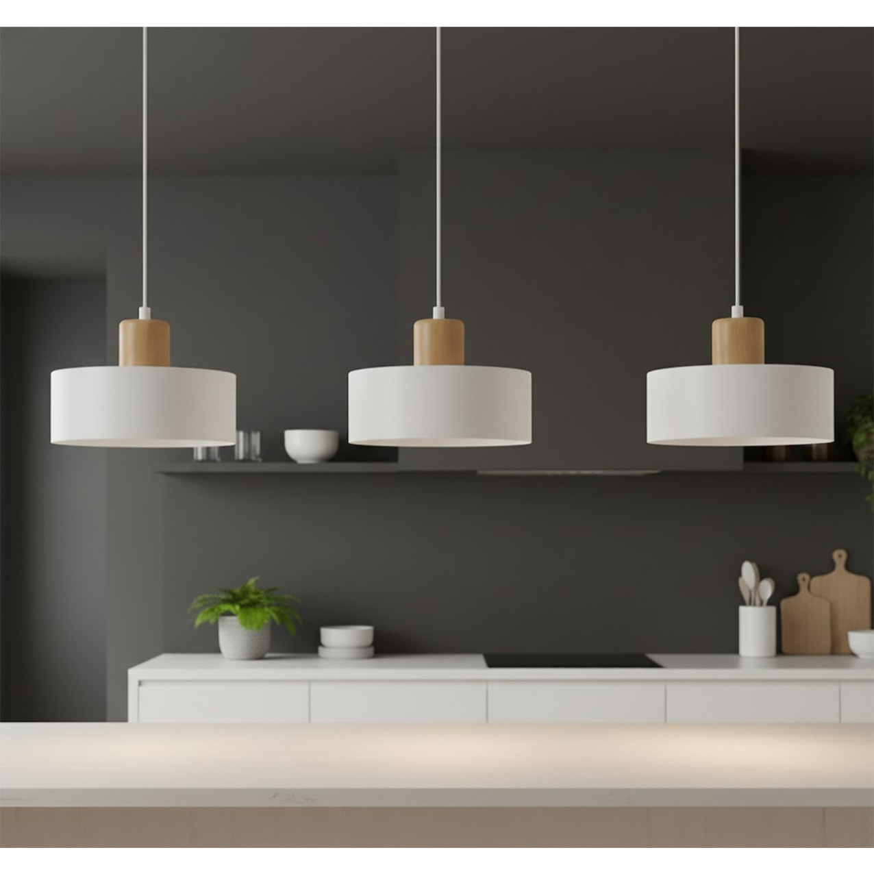 Lampada a sospensione Torin in acciaio bianco e legno naturale