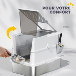 Maison de toilette bac à litière fermé acier inox - pelle, couvercle amovible, porte, anti-fuite - gris clair