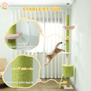 Arbre à chat du sol au plafond réglable H.220-240cm - 5 niveaux - griffoirs, grattoir - bouclette vert