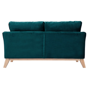 Canapé scandinave déhoussable 2 places en tissu velours bleu pétrole et bois clair OSLO