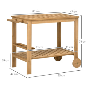 Carrito de Madera de Bar Carro de Servicio de 2 Niveles con Asa Lateral 3 Portabotellas y 2 Ruedas para Jardín Patio Terraza 95x47x74 cm Natural