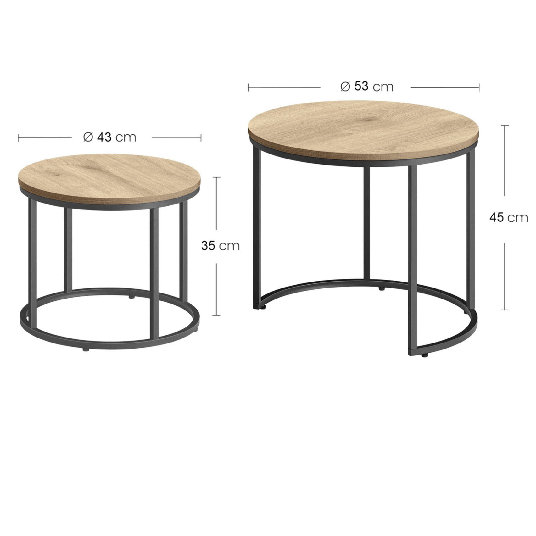 Set di 2 tavolini da caffè tondi stile industrial rovere e nero