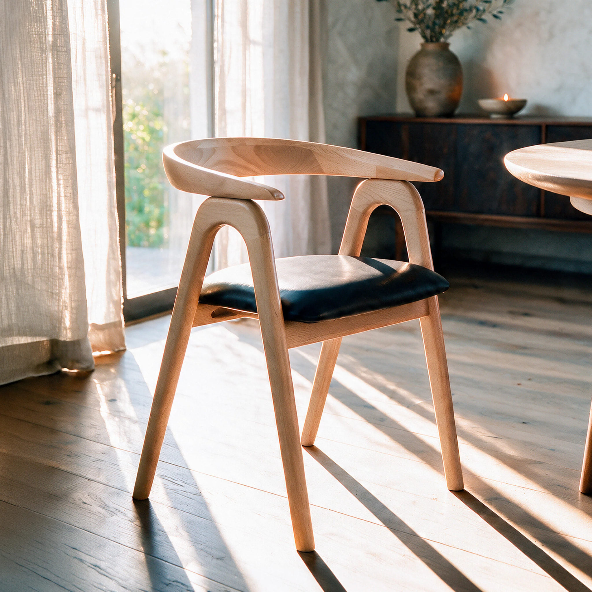 Chaise en bois d'hévéa blond et cuir synthétique noir - Hawa