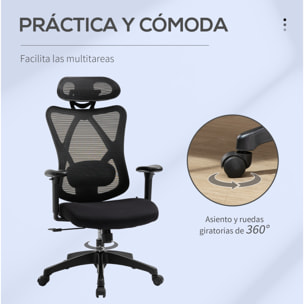 Vinsetto Silla de Oficina Giratoria con Reposabrazos 2D Silla Escritorio Regulable en Altura Reposacabezas Soporte Lumbar y Respaldo Alto Malla Transpirable 67x64x117-127 cm Negro