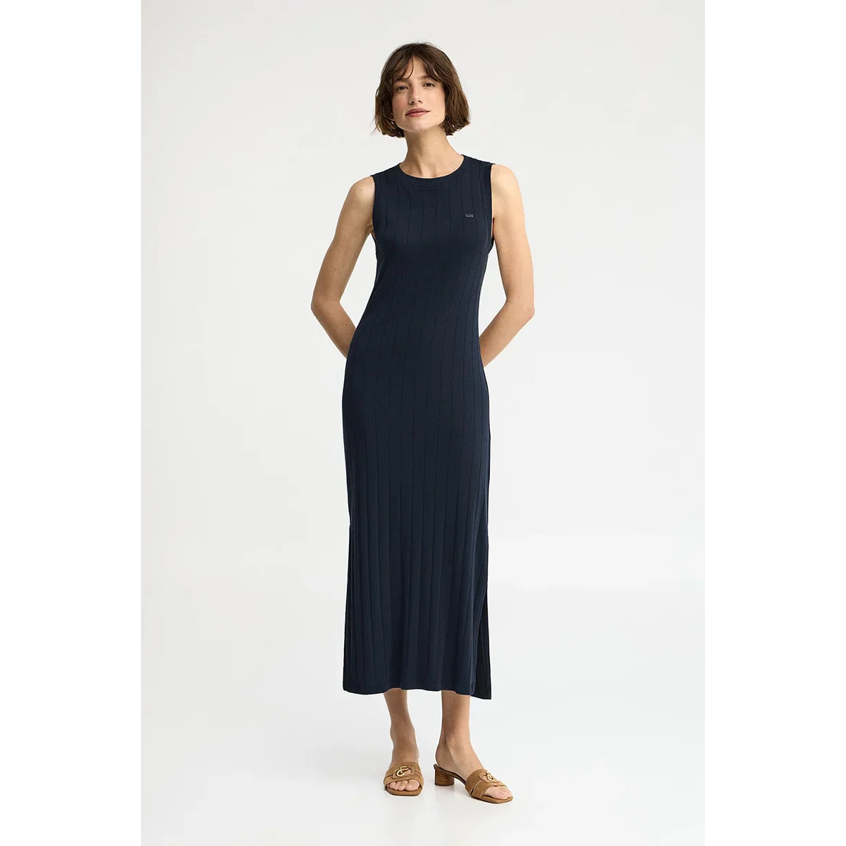 Vestito blu marino a costine smanicato con logo Polo Club