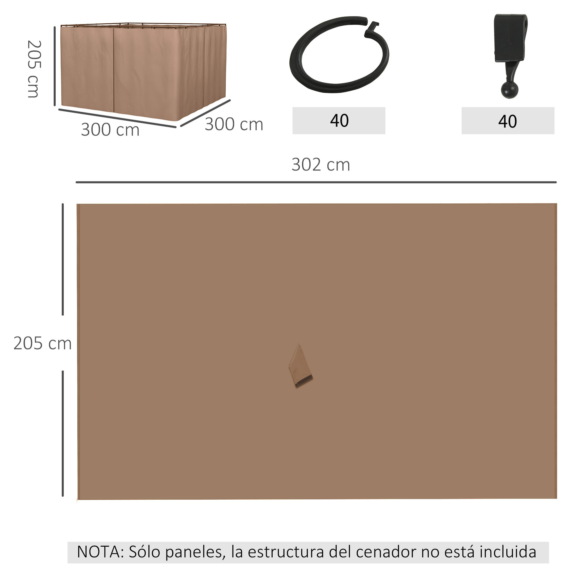 4 Paredes Laterales para Cenador 3x2 m Laterales de Carpa con Ganchos Cortinas sin Ventanas Reemplazo Lateral para Carpa de Jardín Exterior Fiesta Marrón
