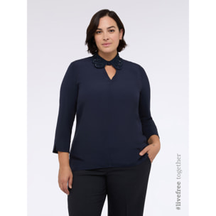Fiorella Rubino - T-shirt bimaterica con colletto prezioso - Blu