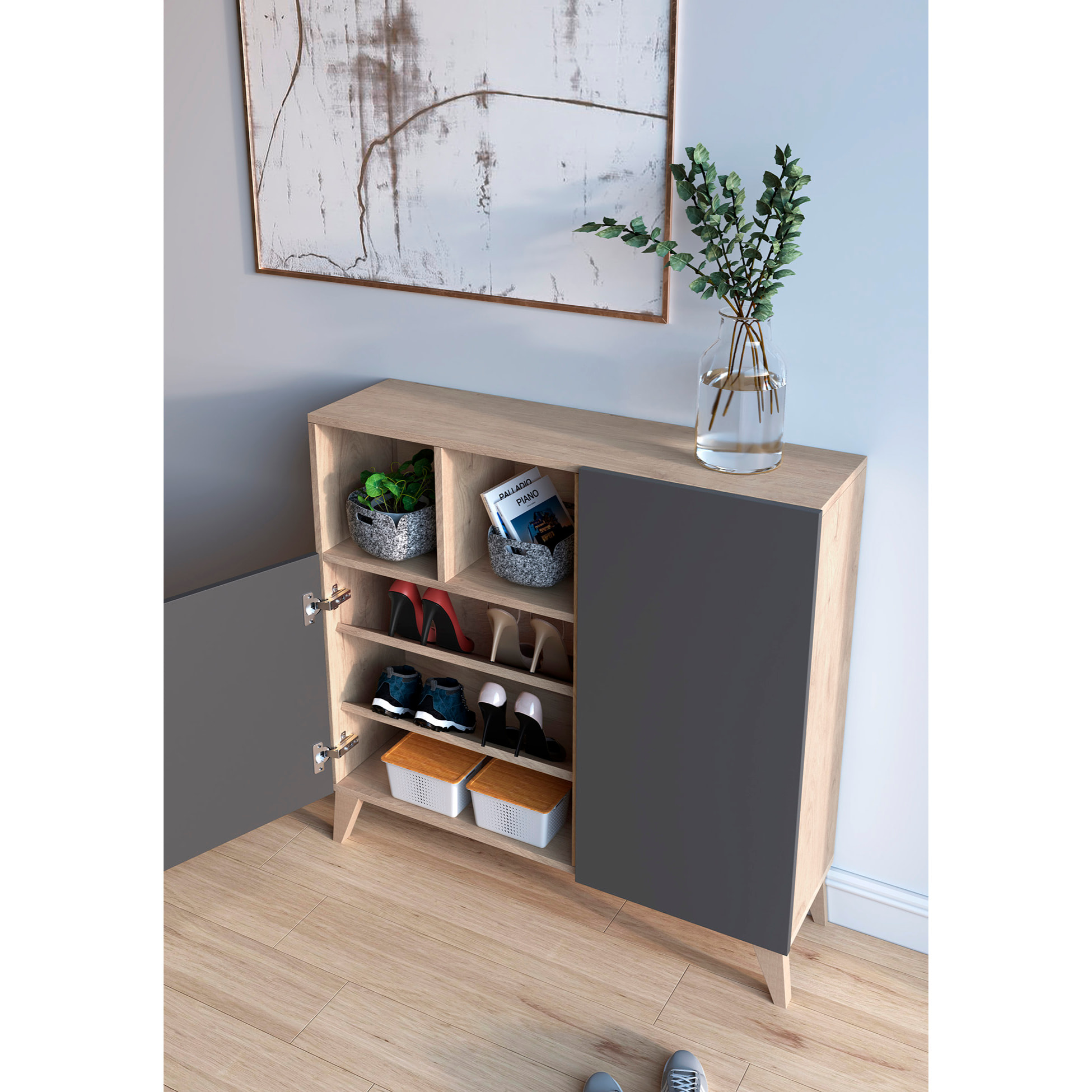 Zapatero Oslo melamina roble claro puertas grafito 87x90x27 cm