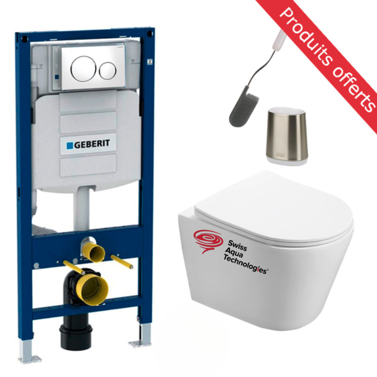 Pack WC sans bride Infinitio + Abattant slim softclose + Bâti Geberit UP320 + Plaque blanc/chromé + Brosse Joseph Joseph OFFERTE