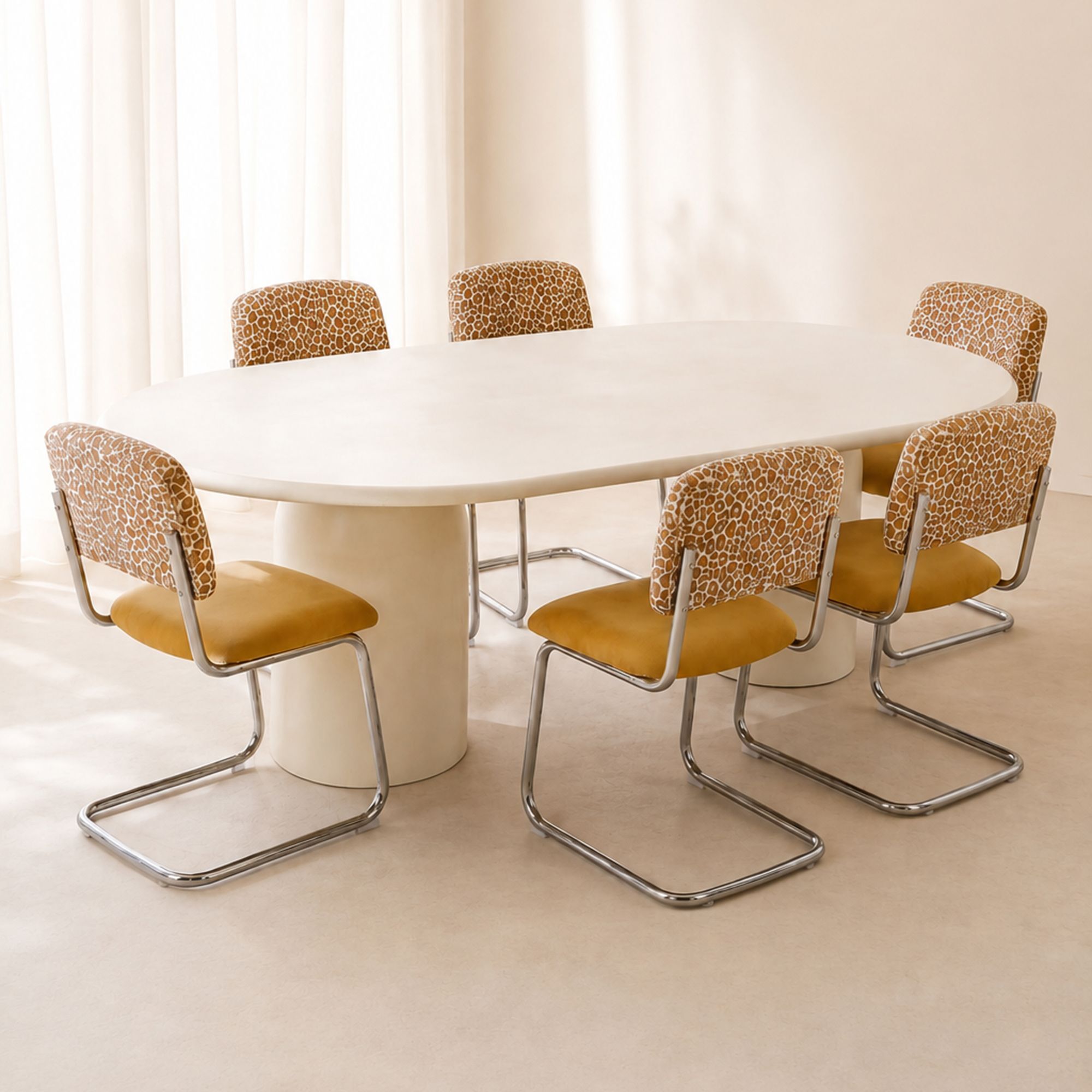 Ensemble table ovale 220cm et 6 chaises en tissu léopard safran FELINE