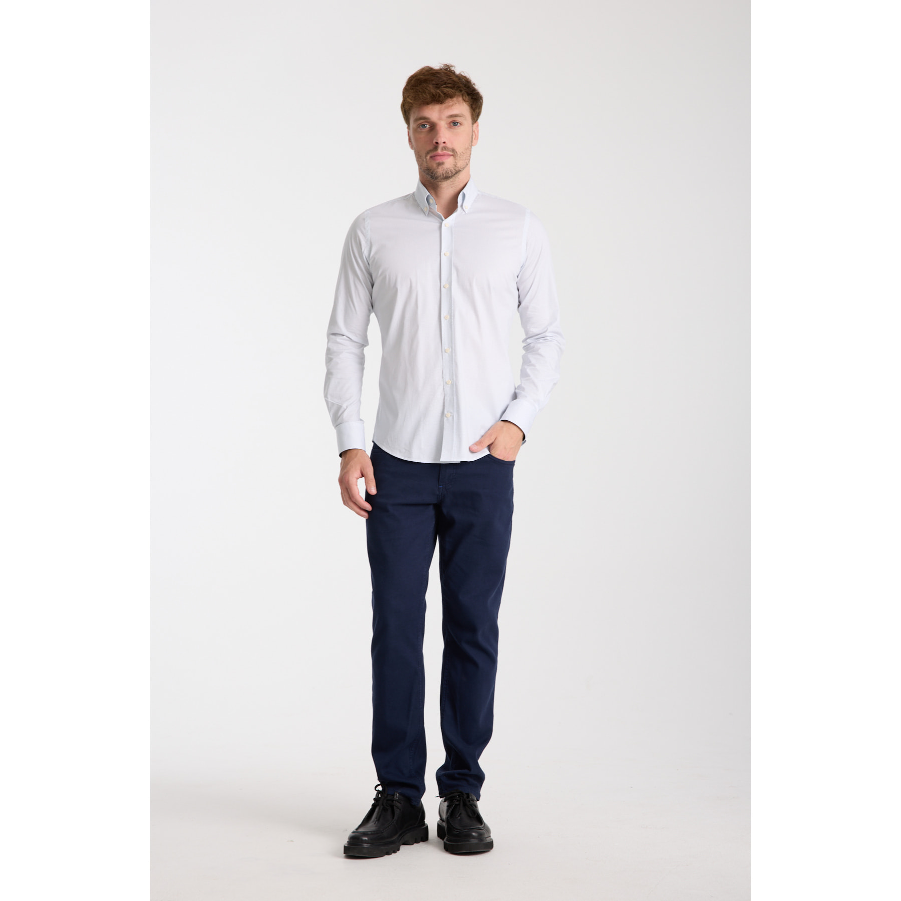 camicia uomo 1 bottone button down slim Popeline Stretch Stampato Bianco\Blu Inchiostro