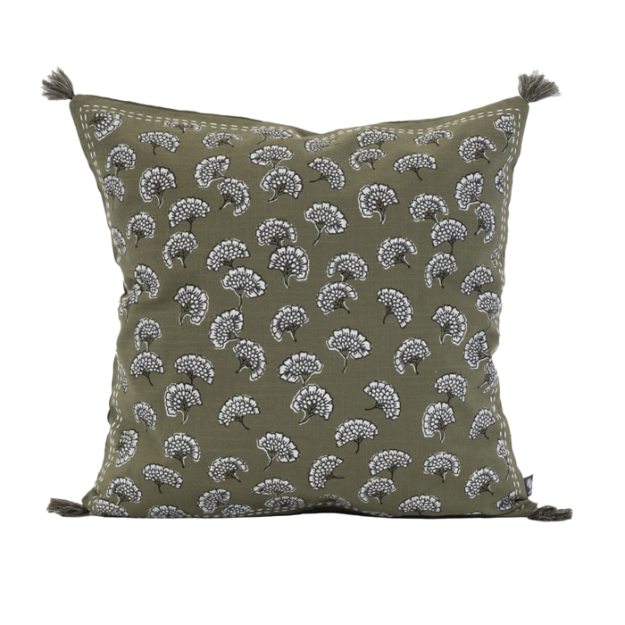 Coussin décoratif imprimé motif floral - Kaki