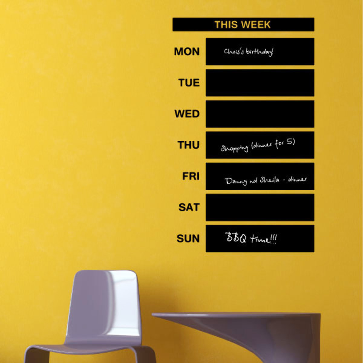 Sticker ardoise tableau noir - stickers muraux adhésif effaçable - CALENDRIER SEMAINE