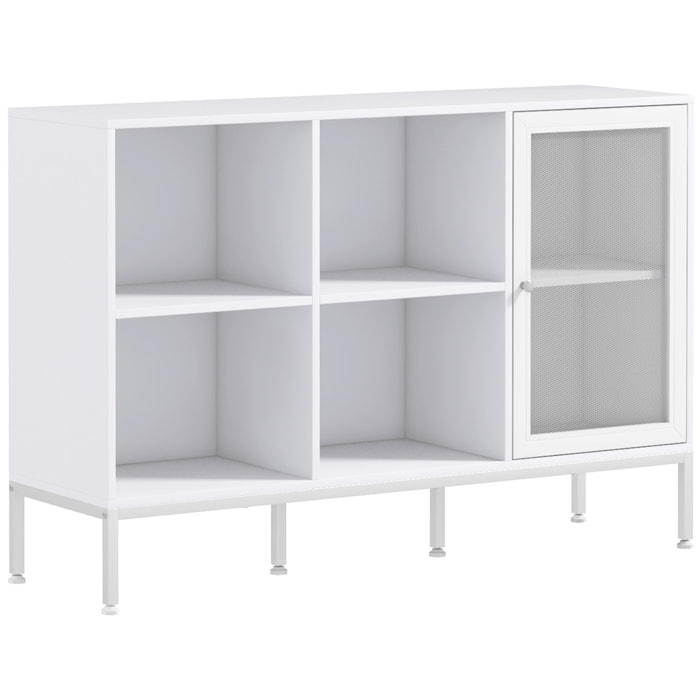 Buffet 4 compartiments porte grillagée avec étagère - dim. 120L x 37l x 81,5H cm - acier panneaux blanc