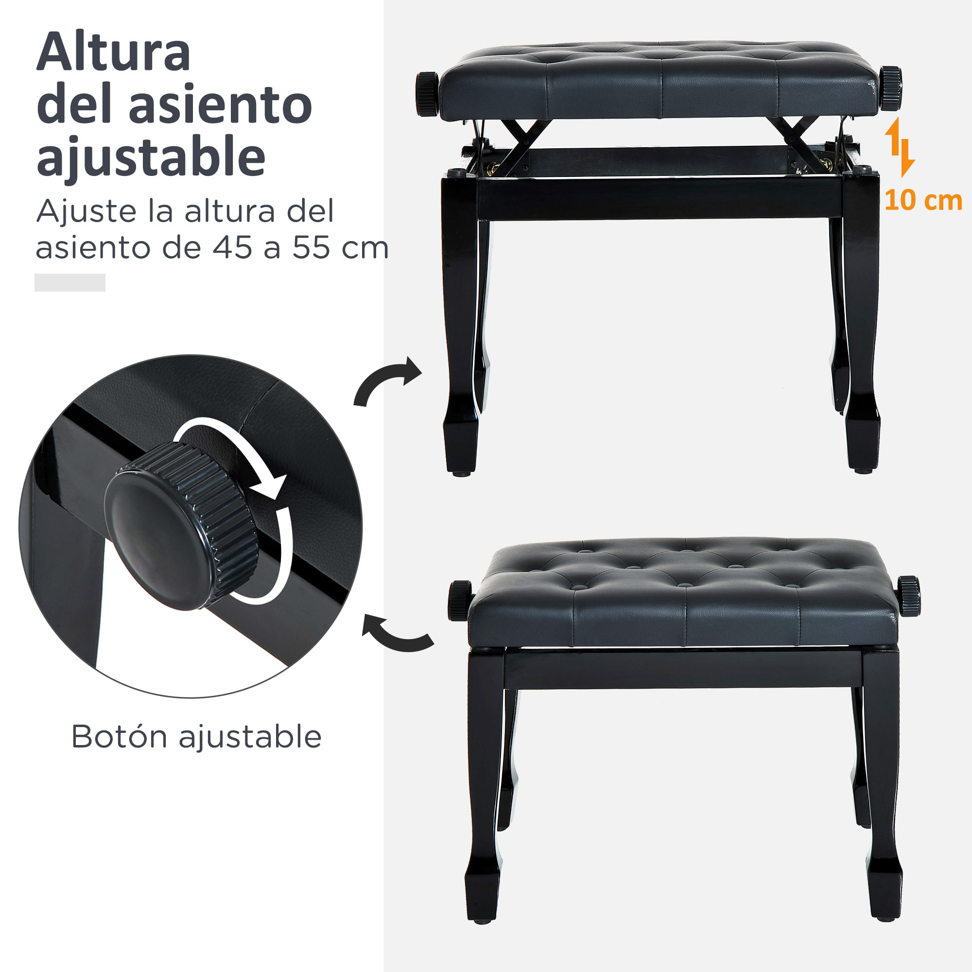 Banco de Piano, Altura Ajustable, Banqueta de Piano con Asiento de Cuero Sintético, Patas de Madera, Carga Máxima 200 kg, 64x35x55 cm, Negro