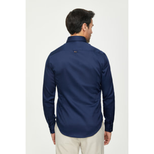 Camicia Uomo 2 Bottoni Button Down Slim Satin Unito Blu