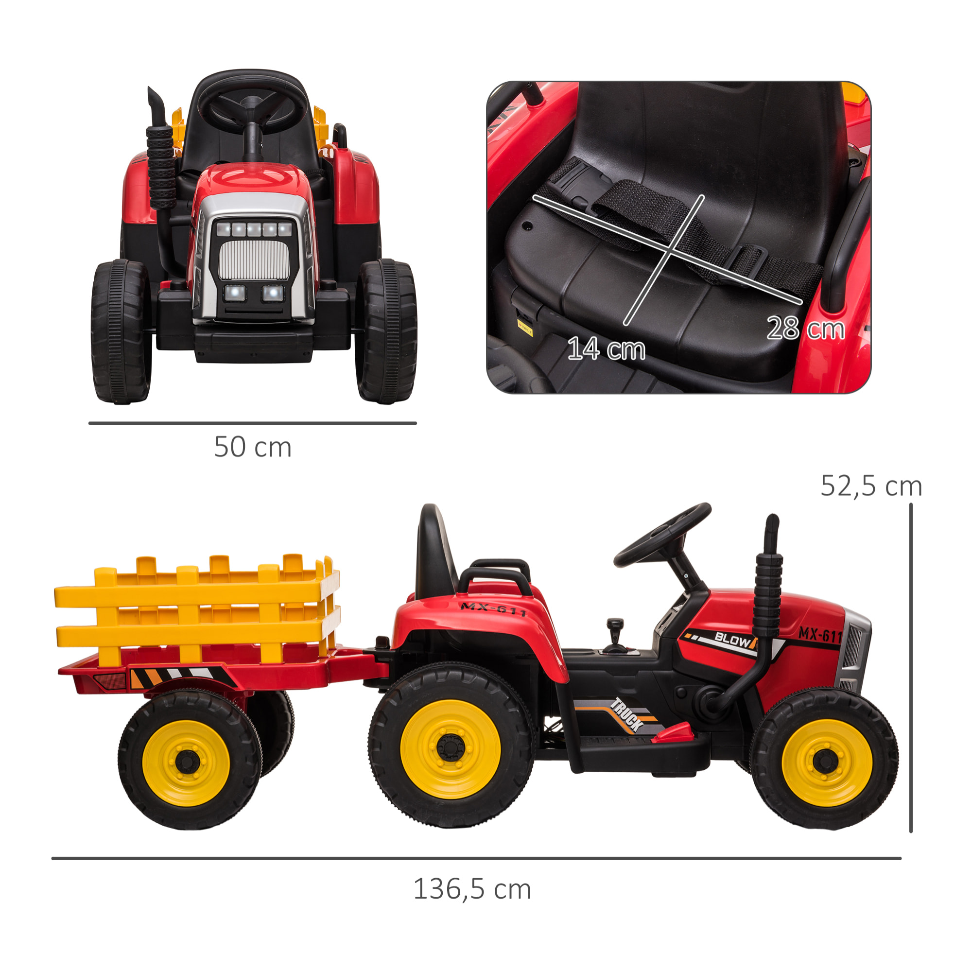 Tracteur électrique avec remorque amovible, voiture électrique enfants de 3 à 6 ans avec télécommande MP3 musique affichage lumières et ceinture de sécurité, 12V 3-6 km/h, rouge