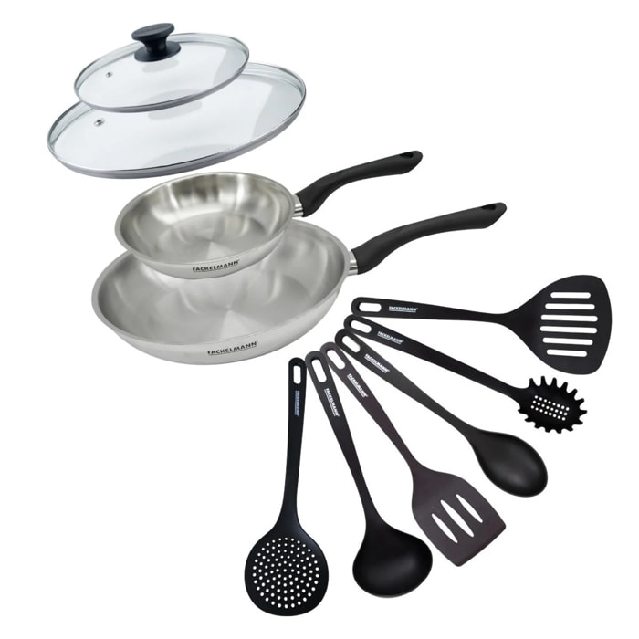 Set 2 poêles en inox, couvercles verre et 6 ustensiles RPET Fackelmann Geneva